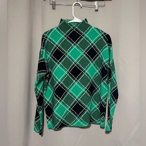Tahari Mock Turtleneck Green and Black Checkered Sweater